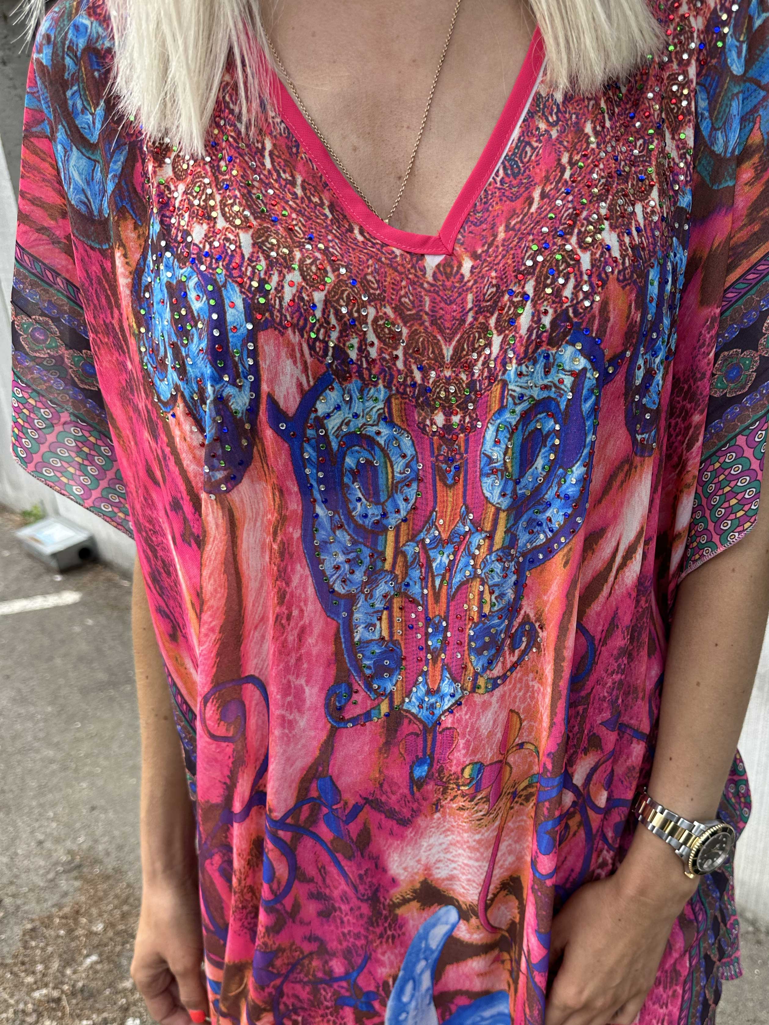 Mellie - Lang farvet semi-transparent tunika med similisten